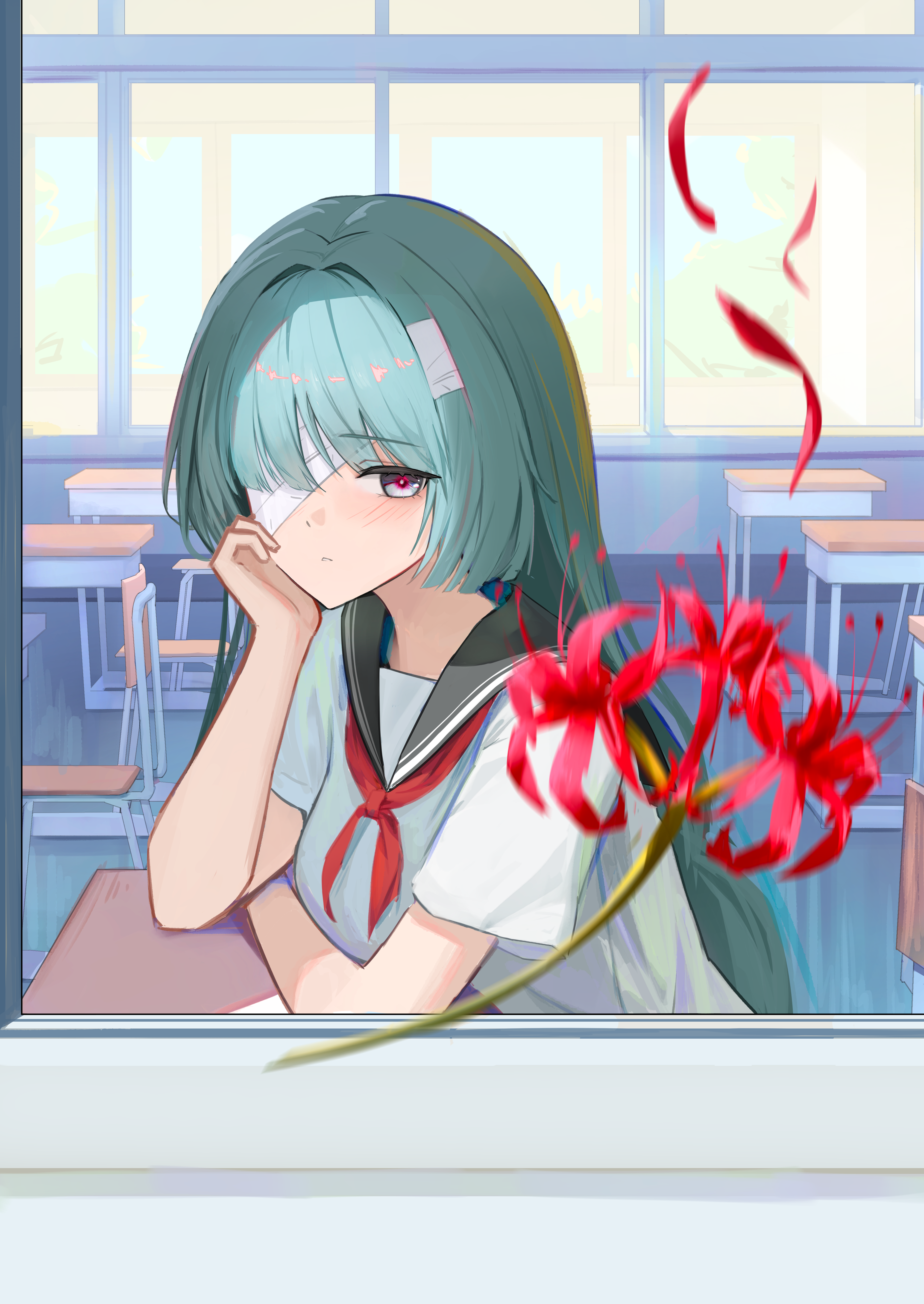 myumyu431, phrolova (wuthering waves), wuthering waves, absurdres, commentary request, highres, korean commentary, 1girl, alternate costume, bandage over one eye, black sailor collar, breasts, classroom, closed mouth, desk, flower, from outside, from side, grey eyes, grey hair, head rest, indoors, light blush, long hair, looking at viewer, looking to the side, medium breasts, sailor collar, school desk, school uniform, shirt, short sleeves, solo, spider lily, white shirt