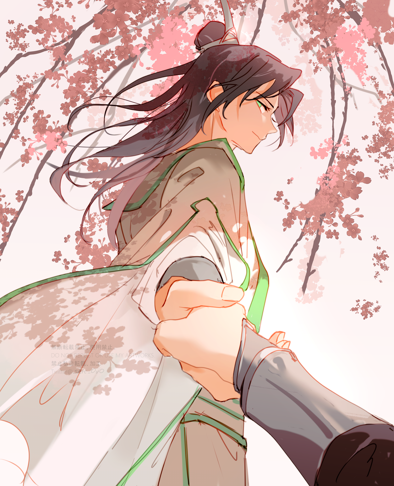 sakuramochi1003, luo binghe, shen qingqiu, renzha fanpai zijiu xitong, commentary request, highres, 2boys, black hair, chinese clothes, closed mouth, cowboy shot, curtained hair, dappled sunlight, flower, foreshortening, from below, green eyes, half updo, hanfu, holding hands, long hair, long sleeves, looking at viewer, male focus, multiple boys, out of frame, parted bangs, pink background, pink flower, pov, pov hands, sunlight, white hanfu, wide sleeves, xiao guan (headdress)