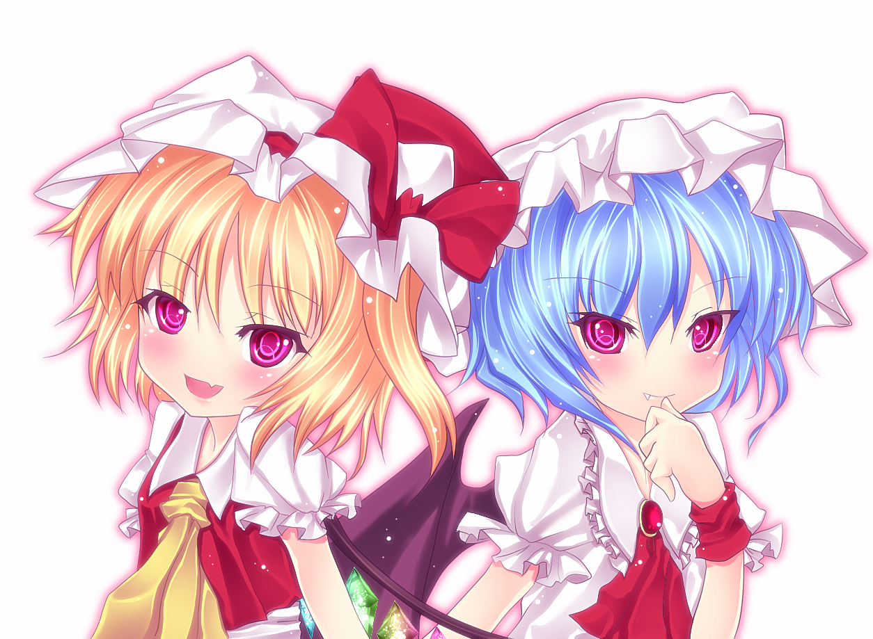 kiyomin, flandre scarlet, remilia scarlet, touhou, bad id, bad pixiv id, 2girls, bat wings, blonde hair, blue hair, fang, female focus, hat, multiple girls, one side up, ponytail, red eyes, short hair, siblings, side ponytail, sisters, wings