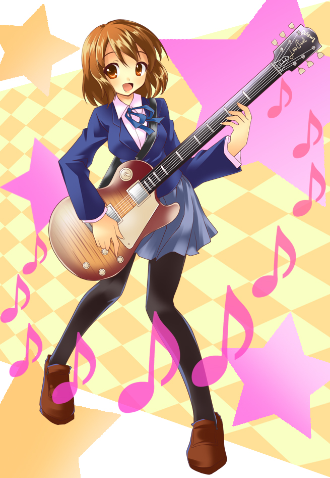 yukigumo, hirasawa yui, k-on!, bad id, bad pixiv id, 00s, 1girl, brown eyes, brown hair, electric guitar, female focus, full body, gibson les paul, guitar, instrument, musical note, pantyhose, school uniform, short hair, solo