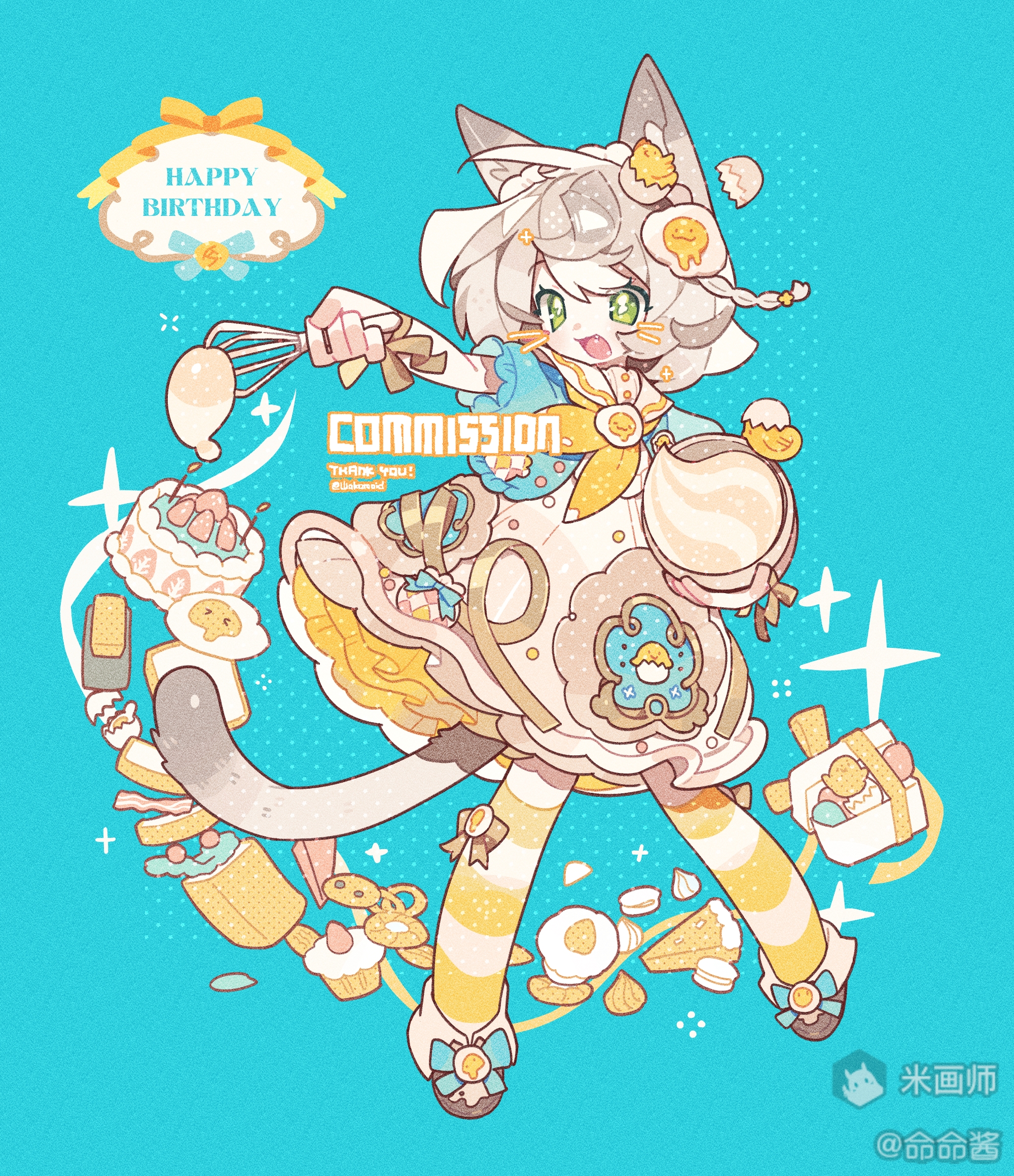 meimei (wakamoid), original, commission, highres, 1girl, :d, animal ear fluff, animal ears, blue background, blue shirt, brown shoes, cake, cat ears, cat girl, cat tail, drawn whiskers, dress, fang, food, full body, green eyes, grey hair, happy birthday, holding, holding whisk, macaron, mihuashi username, neckerchief, open mouth, outstretched arm, sailor collar, sailor dress, shirt, shoes, short hair, smile, socks, solo, standing, striped clothes, striped socks, tail, whisk, white dress, white sailor collar, yellow neckerchief, yellow socks