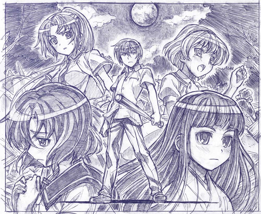 sakino shingetsu, furude rika, houjou satoko, maebara keiichi, ryuuguu rena, sonozaki mion, higurashi no naku koro ni, traditional media, 00s, 1boy, 4girls, baseball bat, blue theme, cloud, full moon, hairband, long hair, monochrome, moon, multiple girls, night, ponytail, short hair, sketch, sky