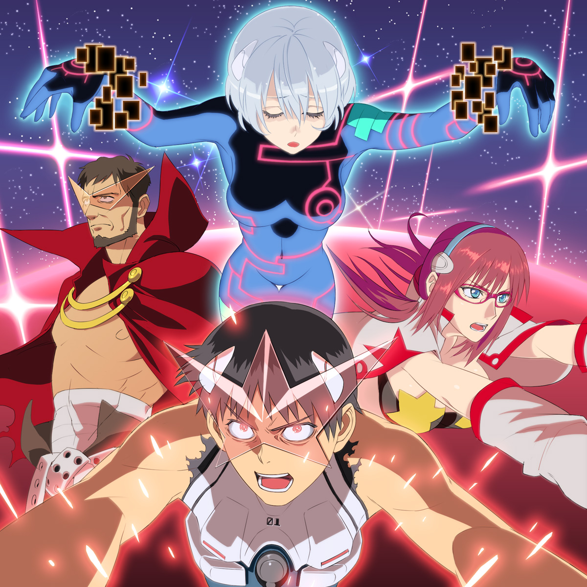 kaiseki, antispiral nia, ayanami rei, ikari gendou, ikari shinji, kamina (ttgl), makinami mari illustrious, nia teppelin, simon (ttgl), yoko littner, evangelion: 2.0 you can (not) advance, gainax, neon genesis evangelion, rebuild of evangelion, tengen toppa gurren lagann, highres, 2boys, 2girls, age difference, antispiral nia (cosplay), company connection, cosplay, father and son, glasses, interface headset (evangelion), kamina (cosplay), kamina shades, lcl, mecha pilot suit, multiple boys, multiple girls, nia teppelin (cosplay), parody, plugsuit (evangelion), simon (cosplay), simon shades, sparkle, thigh gap, thighs, torn clothes, triangular eyewear, yoko littner (cosplay)