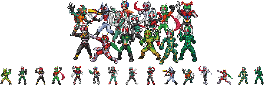 hideomi, hidewomi, kamen rider 1, kamen rider 2, kamen rider amazon, kamen rider black, kamen rider black rx, kamen rider j, kamen rider shin, kamen rider stronger, kamen rider super-1, kamen rider v3, kamen rider x, kamen rider zo, kamen rider zx, riderman, skyrider, kamen rider, kamen rider (1st series), kamen rider amazon (series), kamen rider black (series), kamen rider black rx (series), kamen rider stronger (series), kamen rider super-1 (series), kamen rider v3 (series), kamen rider x (series), 6+boys, everyone, male focus, multiple boys, pixel art