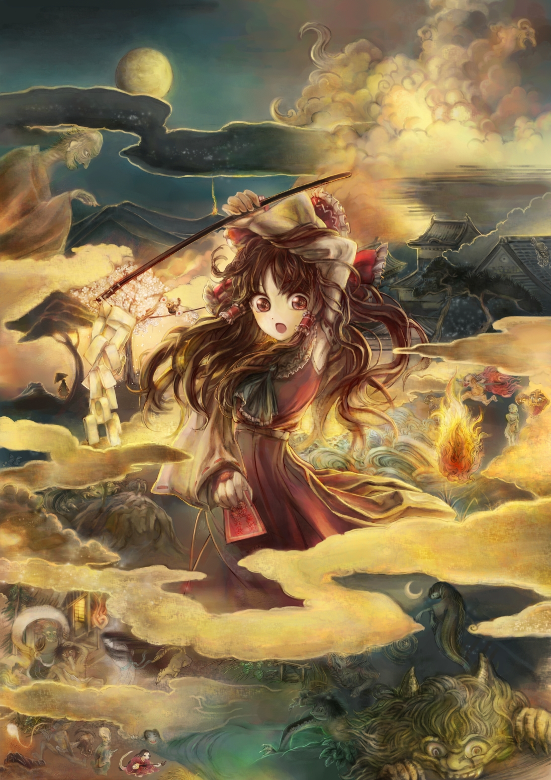 jikan harushoku, hakurei reimu, yakumo yukari, phantasmagoria of flower view, touhou, highres, 1girl, bow, brown hair, detached sleeves, female focus, gohei, japanese clothes, miko, oonusa, red eyes, short hair, solo, when you see it