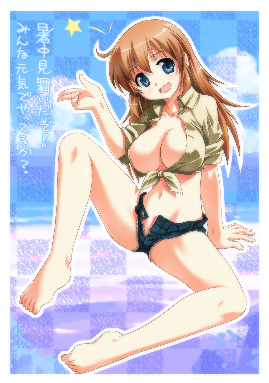 umekichi, charlotte e. yeager, strike witches, world witches series, bad id, bad pixiv id, highres, translation request, 00s, 1girl, barefoot, blue eyes, breasts, brown hair, cleavage, denim, denim shorts, feet, female focus, front-tie top, large breasts, legs, long hair, navel, open clothes, open fly, open shirt, orange hair, shirt, shorts, sleeves rolled up, solo, spread legs, thighs, tied shirt, unzipped