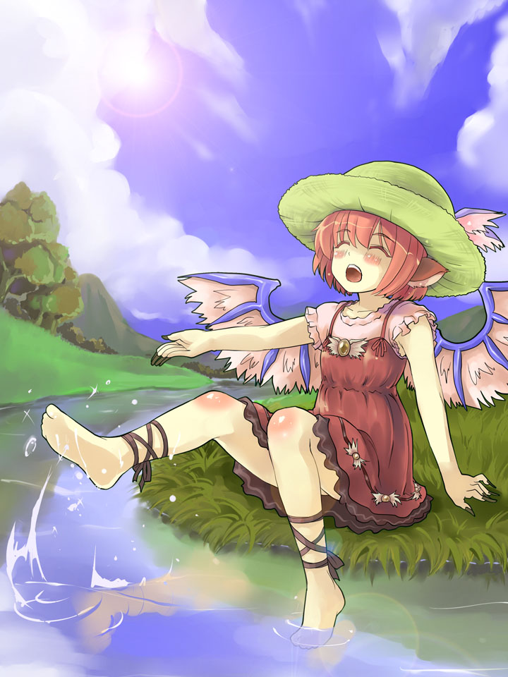 hitoshise, nise nanatsura, mystia lorelei, touhou, bad id, bad pixiv id, 1girl, animal ears, ankle lace-up, barefoot, blush, closed eyes, cloud, day, feet, female focus, fingernails, hat, kicking, leg ribbon, lens flare, long fingernails, open mouth, outdoors, pink hair, ribbon, short hair, sitting, sky, soaking feet, solo, splashing, straw hat, water, wings