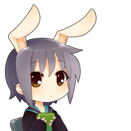 mosho, nagato yuki, suzumiya haruhi no yuuutsu, lowres, 00s, 1girl, animal ears, book, brown eyes, chair, chibi, female focus, purple hair, rabbit ears, school uniform, serafuku, short hair, simple background, solo, white background