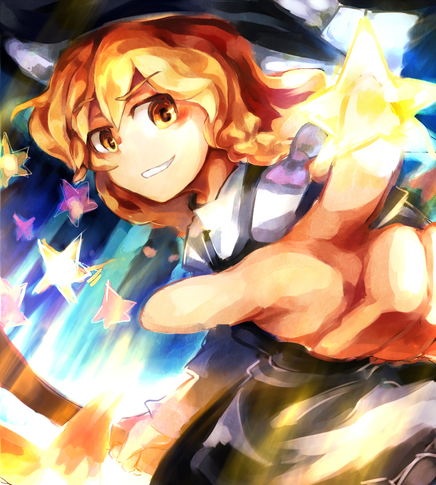 gn, kirisame marisa, touhou, bad id, bad pixiv id, 1girl, blonde hair, braid, broom, female focus, hat, short hair, solo, witch, witch hat, yellow eyes