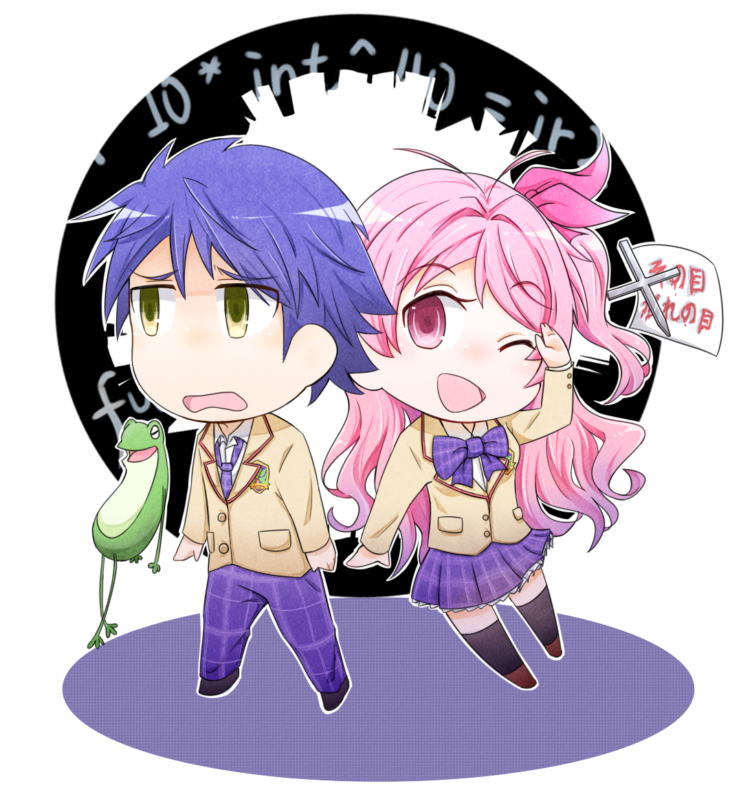 nishijou takumi, sakihata rimi, chaos;head, science adventure, commentary request, 1boy, 1girl, :d, blazer, blue hair, blush, bow, chibi, gero-froggy, hair ornament, hair ribbon, jacket, kurin skybell, long hair, long sleeves, necktie, one eye closed, open mouth, pants, pink eyes, pink hair, pleated skirt, ribbon, school uniform, short hair, simple background, skirt, smile, suimei academy school uniform, thighhighs, yellow eyes, zettai ryouiki