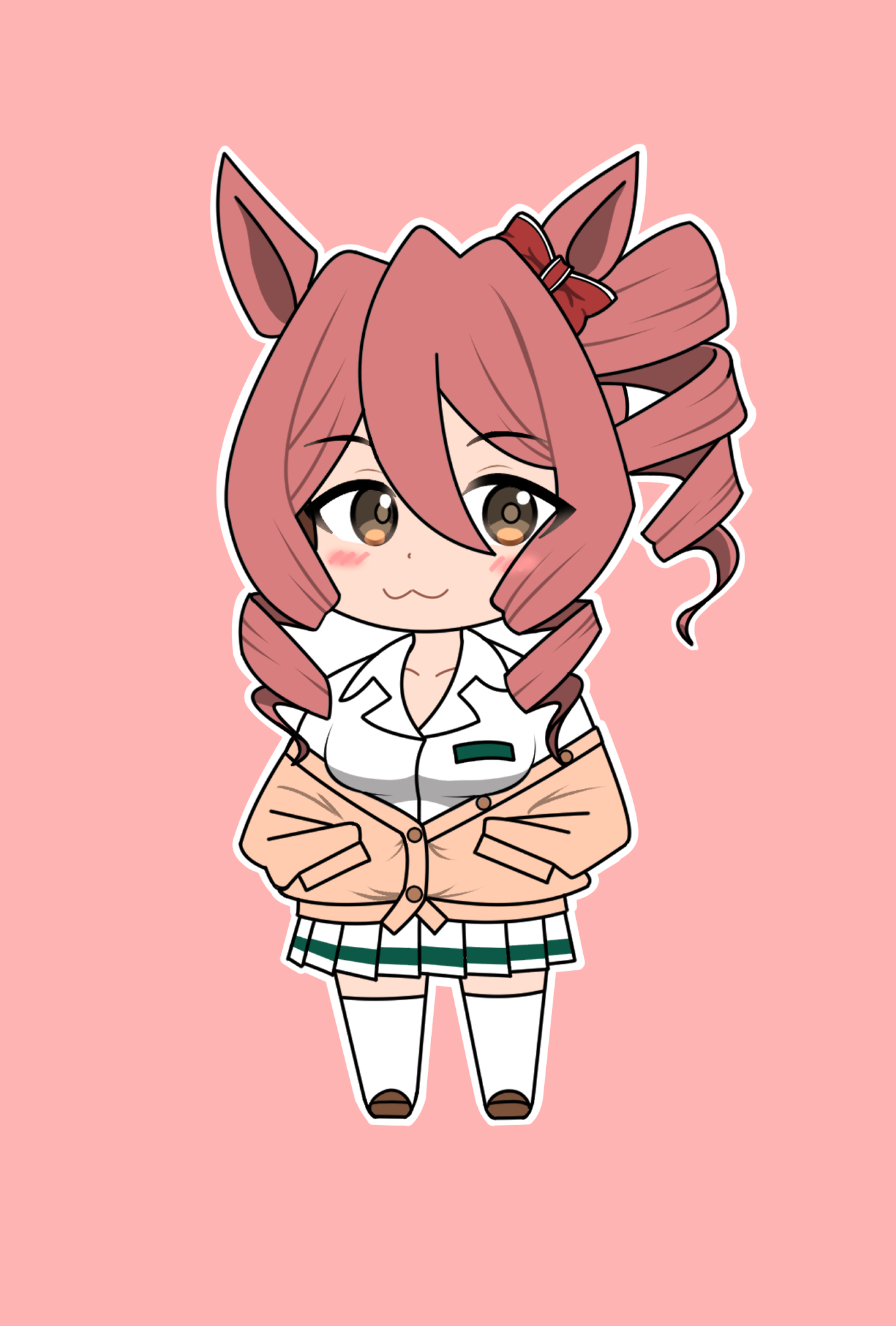 norn ace (umamusume), umamusume, umamusume: cinderella gray, commentary request, highres, 1girl, :3, animal ears, bow, brown cardigan, brown eyes, brown hair, cardigan, chibi, collared shirt, drill hair, drill sidelocks, ear bow, full body, hands in pockets, horse ears, horse girl, igouichigata, kasamatsu tracen school uniform, looking at viewer, pink background, pleated skirt, school uniform, shirt, side drill, sidelocks, simple background, single drill, skirt, solo, white shirt