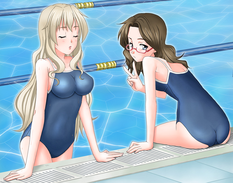 pekopon, kimura takako, ookouchi shino, kannagi, 00s, 2girls, alternate hairstyle, ass, blonde hair, blush, breasts, brown hair, caustics, closed eyes, competition school swimsuit, forehead, glasses, impossible clothes, impossible swimsuit, lane line, large breasts, long hair, looking back, medium breasts, multiple girls, one-piece swimsuit, pool, poolside, red-framed eyewear, school swimsuit, sitting, soaking feet, swimsuit, v, water, wet