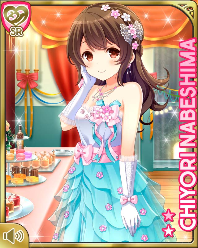 qp:flapper, nabeshima chiyori, girlfriend (kari), official art, 1girl, alternate hairstyle, bare shoulders, blue skirt, bow, breasta, brown eyes, brown hair, card (medium), character name, dress, elbow gloves, embarrassed, flower ornament, frilled dress, frills, gloves, hair down, hand on own cheek, hand on own face, jewelry, looking at viewer, multicolored dress, necklace, pink bow, raised inner eyebrows, skirt, sleeveless, smile, solo, standing, white gloves