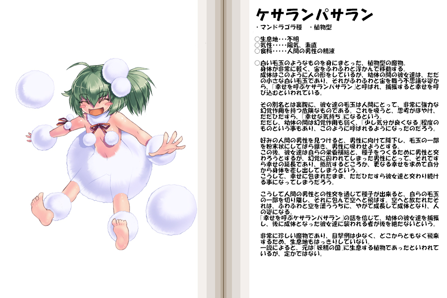 kenkou cross, kesaran pasaran, kesaran pasaran (monster girl encyclopedia), monster girl encyclopedia, official art, translation request, 1girl, barefoot, character profile, green hair, monster girl, side ponytail