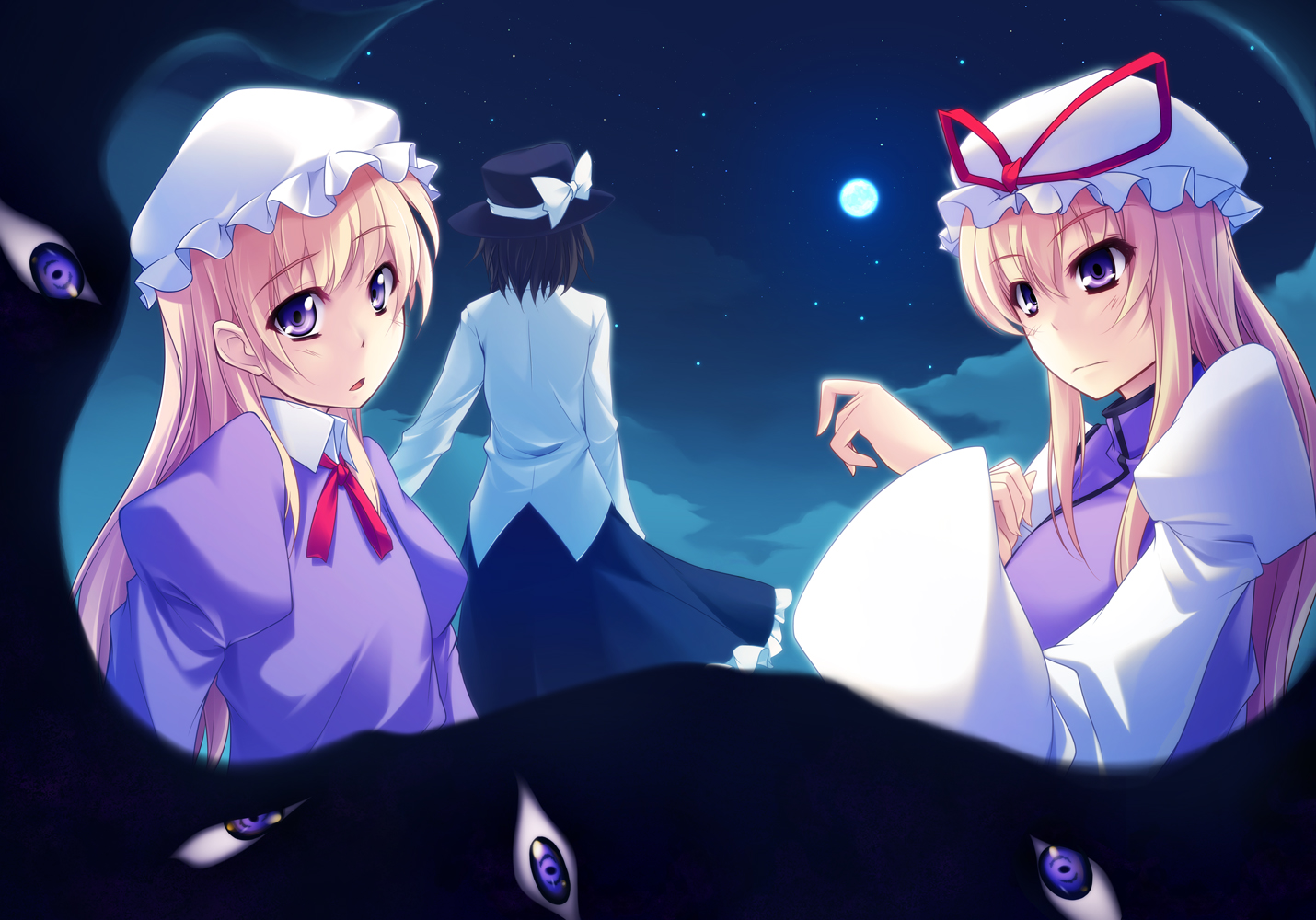 kazakura, maribel hearn, usami renko, yakumo yukari, ghostly field club, touhou, bad id, bad pixiv id, 3girls, blonde hair, cloud, female focus, from behind, full moon, gap (touhou), hat, moon, multiple girls, night, night sky, purple eyes, sky