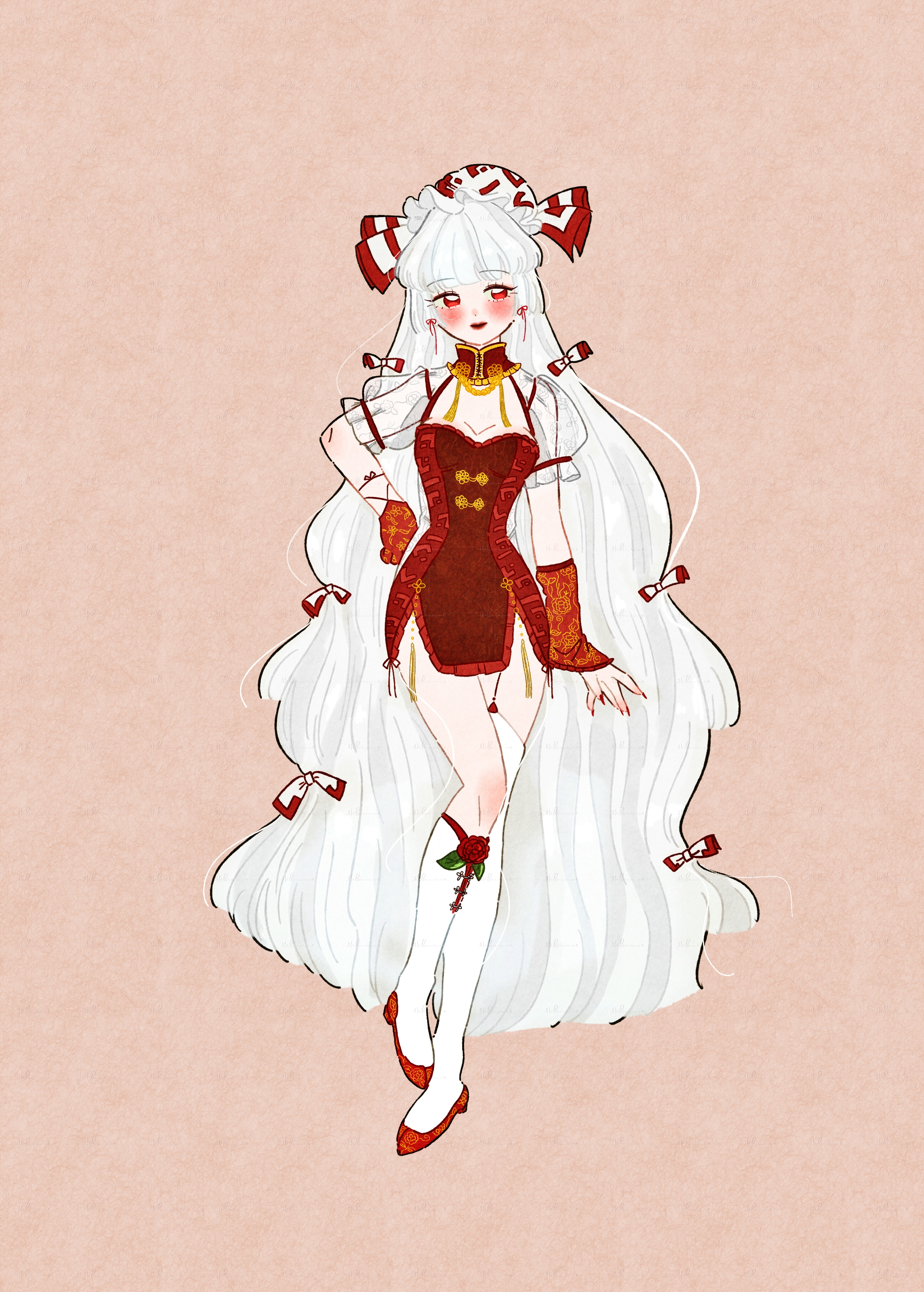 hakunemui, fujiwara no mokou, touhou, absurdres, commentary request, highres, partial commentary, 1girl, adapted costume, alternate costume, asymmetrical legwear, bow, brown background, china dress, chinese clothes, dress, full body, hair bow, kneehighs, long hair, looking at viewer, makeup, puffy short sleeves, puffy sleeves, red arm warmers, red dress, red eyes, red lips, red shoes, see-through clothes, see-through sleeves, shoes, short dress, short sleeves, single thighhigh, socks, solo, thighhighs, very long hair, white hair, white socks