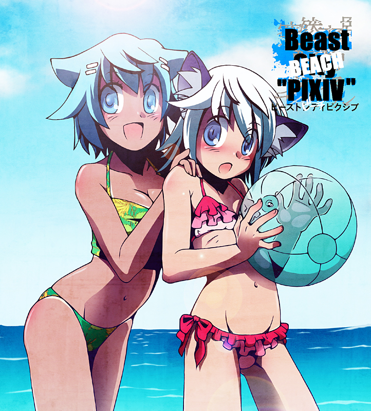 calvet, 2girls, animal ears, ball, beachball, bikini, blue eyes, blue hair, cat ears, frilled bikini, frills, multiple girls, open mouth, short hair, swimsuit, white hair