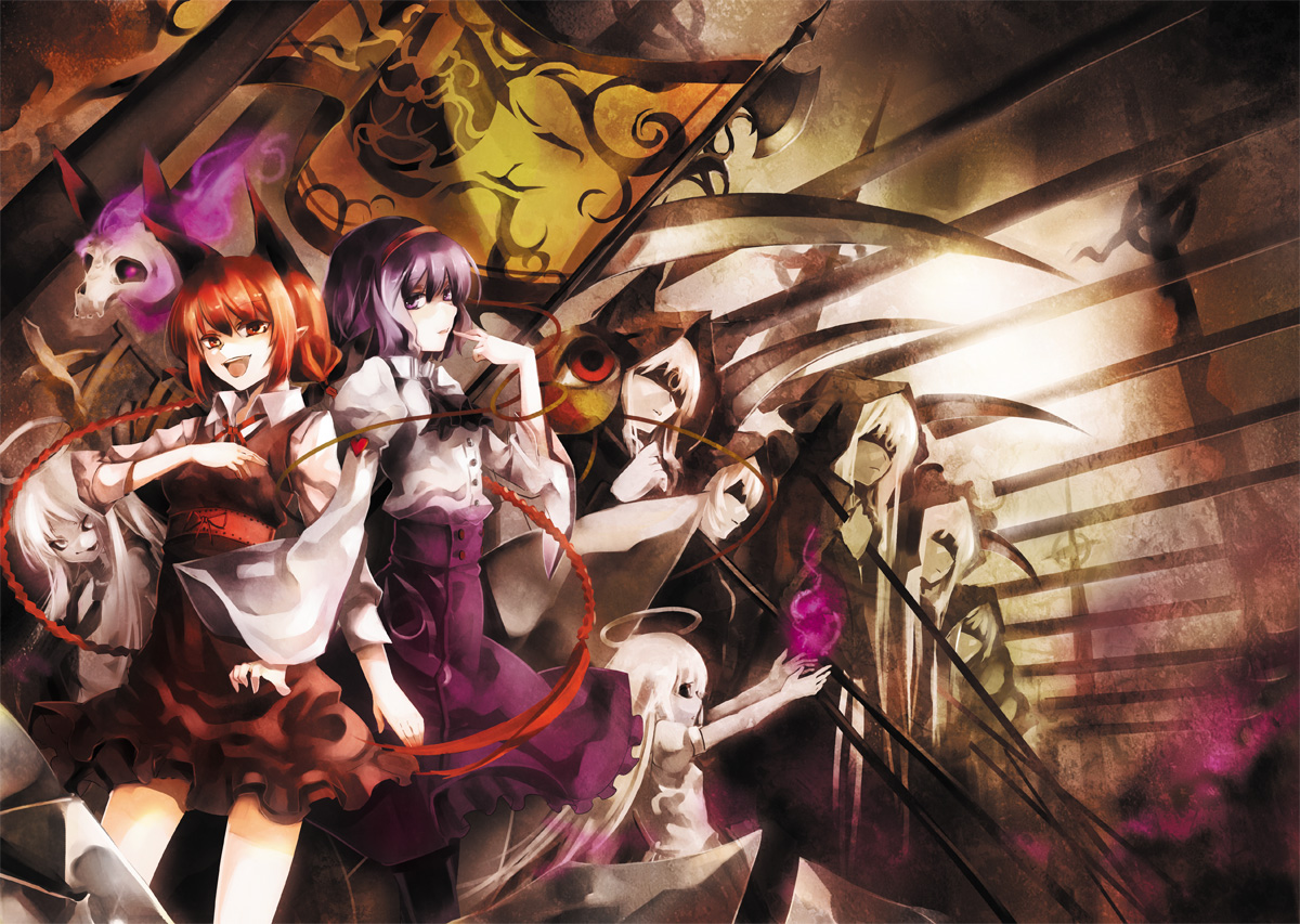 tomasu, tsurukame, kaenbyou rin, komeiji satori, zombie fairy (touhou), touhou, 3girls, army, braid, female focus, fire, flag, halberd, halo, long hair, multiple girls, polearm, purple eyes, purple hair, red eyes, red hair, scythe, skull, third eye, twin braids, twintails, weapon