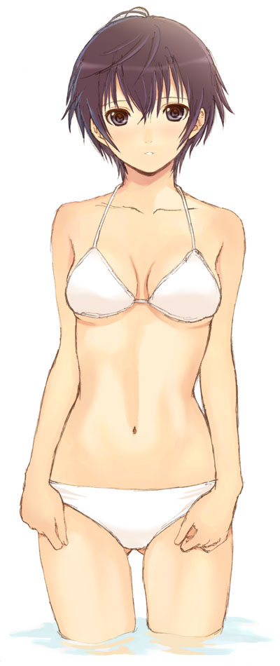 seiru (prairie), shirogane naoto, atlus, persona, persona 4, 1girl, bikini, black eyes, blue hair, breasts, female focus, navel, solo, swimsuit, water, white bikini