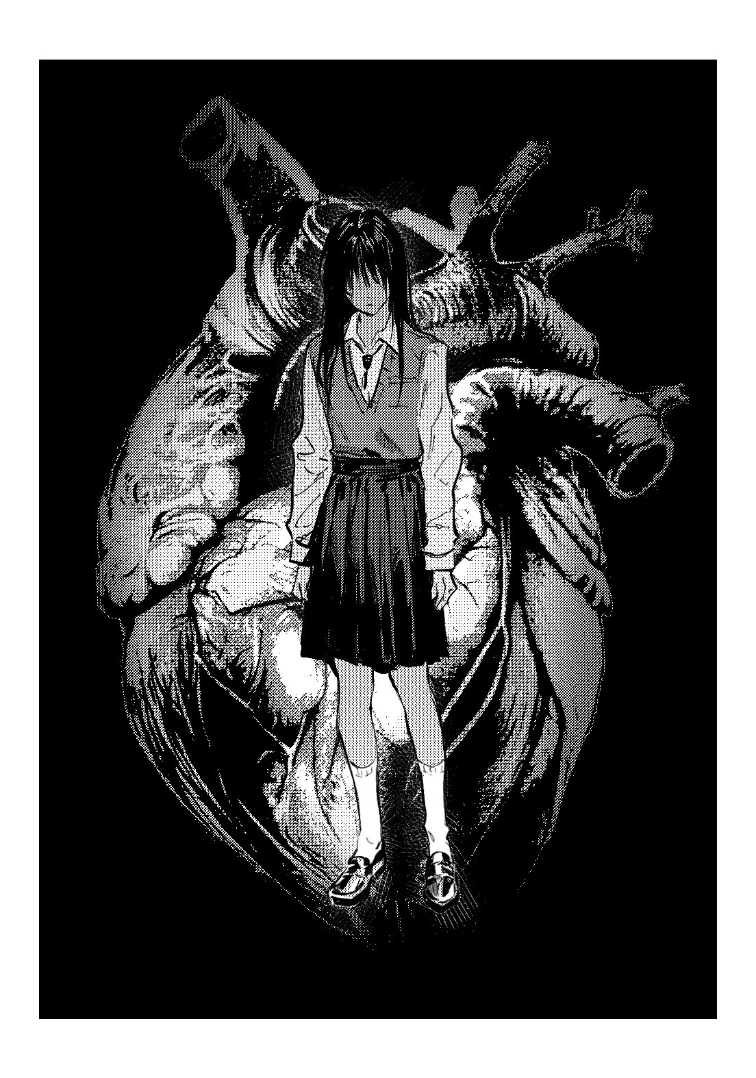 lulu (jien09), original, commentary request, highres, korean commentary, 1girl, black background, border, closed mouth, collared shirt, full body, greyscale, heart (organ), long hair, long sleeves, monochrome, necktie, no eyes, penny loafers, school uniform, shirt, simple background, skirt, socks, solo, sweater vest, white border