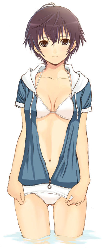 seiru (prairie), shirogane naoto, atlus, persona, persona 4, 1girl, bikini, black eyes, blue hair, breasts, female focus, jacket, navel, smile, solo, swimsuit, water, white bikini