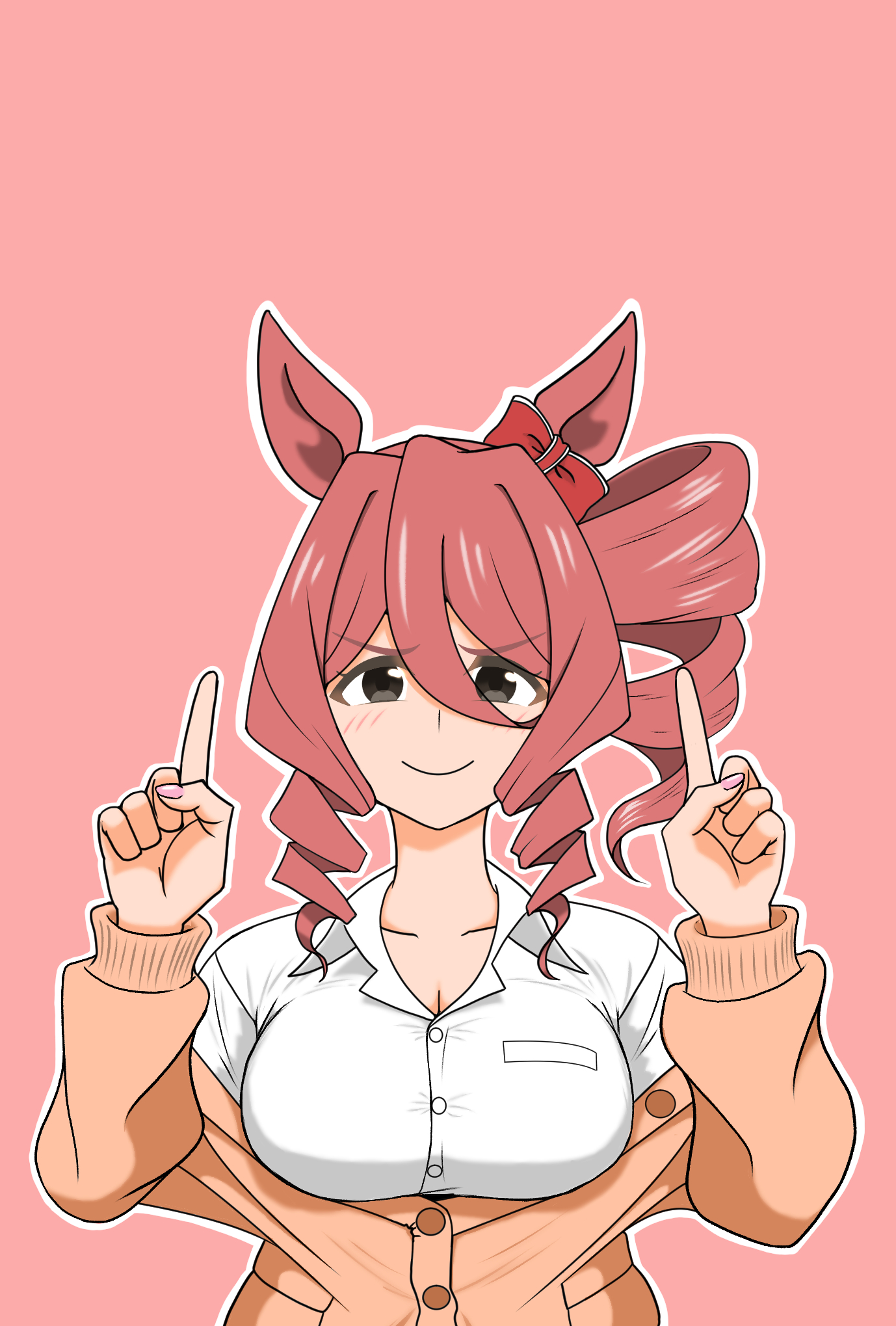 norn ace (umamusume), umamusume, umamusume: cinderella gray, commentary request, highres, 1girl, animal ears, bow, breasts, brown cardigan, brown hair, cardigan, collared shirt, drill hair, drill sidelocks, ear bow, hair between eyes, horse ears, horse girl, igouichigata, index fingers raised, kasamatsu tracen school uniform, large breasts, looking at viewer, pink background, red bow, school uniform, shirt, side drill, sidelocks, simple background, single drill, solo, upper body, white shirt