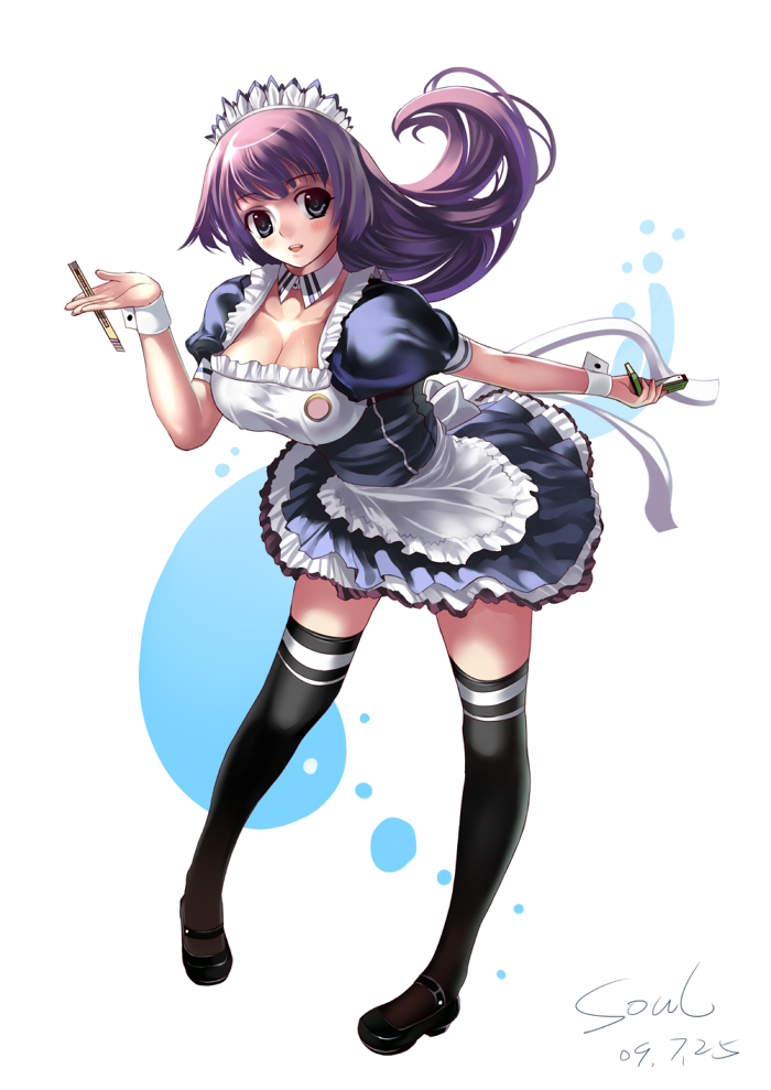 miyazakisoul, senjougahara hitagi, bakemonogatari, monogatari (series), original, bad id, bad pixiv id, 00s, 1girl, alternate costume, blue eyes, blush, boxcutter, breasts, cleavage, enmaided, female focus, frills, headdress, large breasts, legs, long hair, maid, mary janes, purple hair, shoes, signature, solo, stapler, thighhighs, waitress, zettai ryouiki