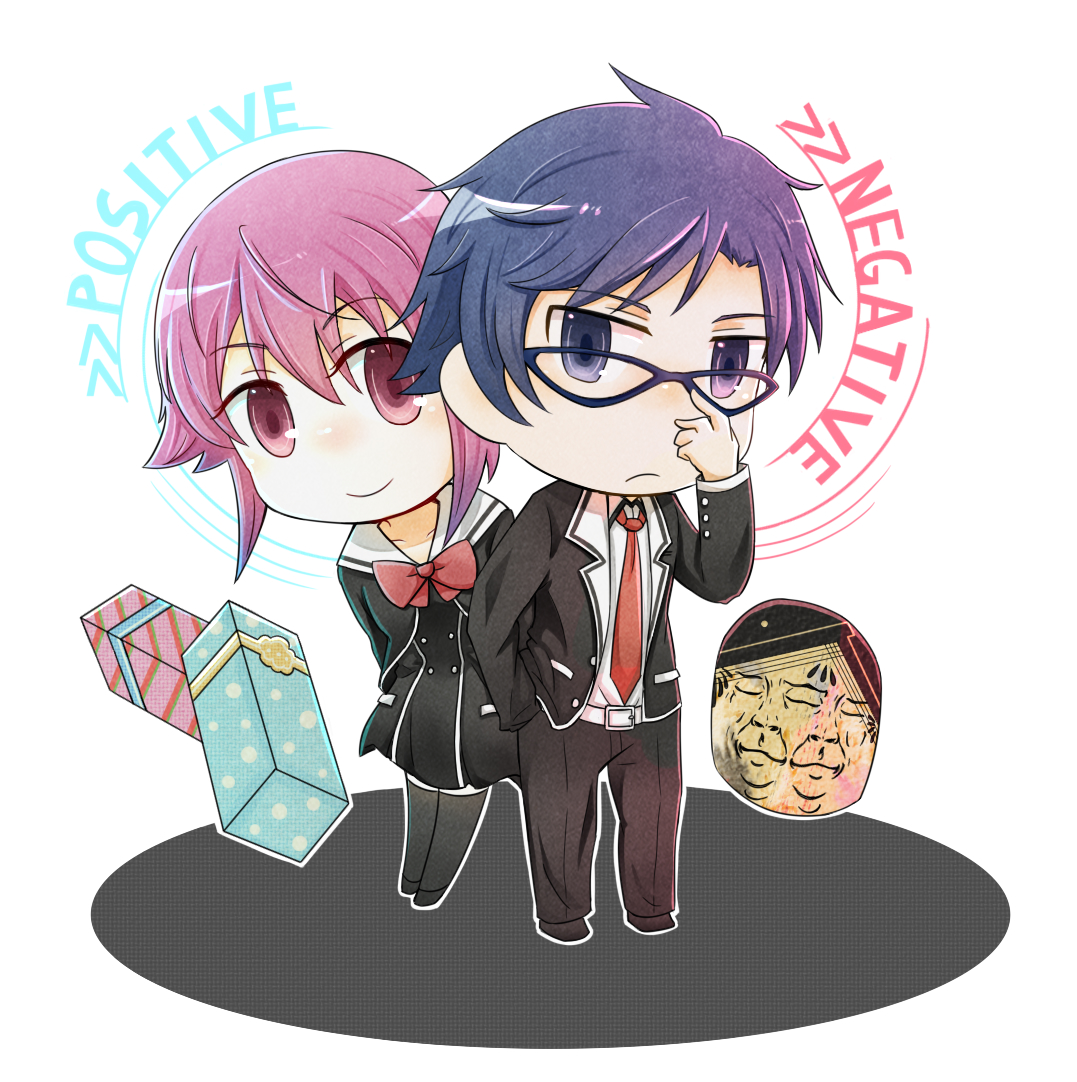 miyashiro takuru, onoe serika, chaos;child, science adventure, commentary request, 1boy, 1girl, blue eyes, blue hair, blush, chibi, gift, glasses, hekiho academy school uniform, jacket, kurin skybell, necktie, pants, pink eyes, pink hair, red necktie, school uniform, short hair, simple background, smile, sumo sticker (chaos;child), white background
