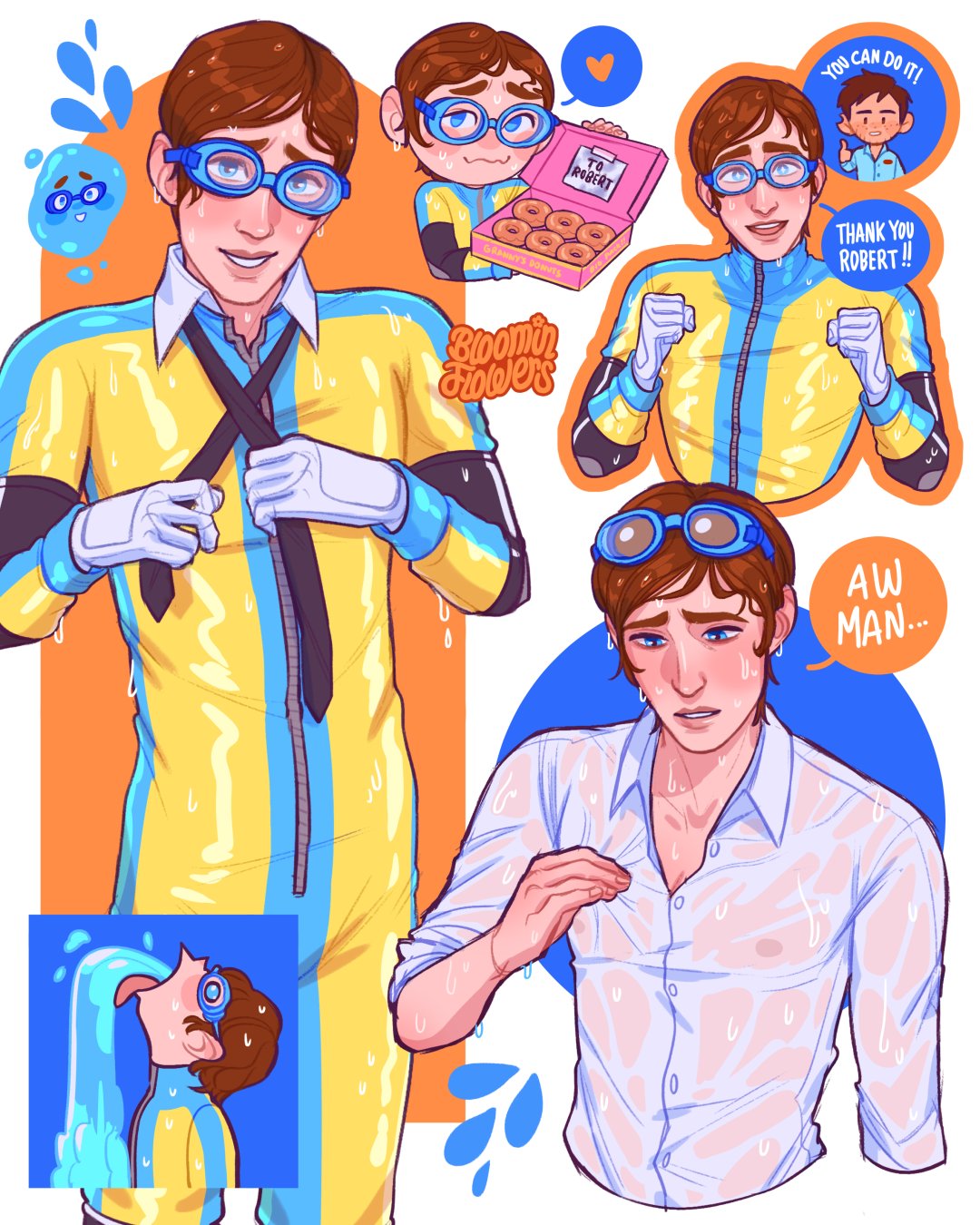 bloominflowers, robert robertson, waterboy (dispatch), dispatch, commentary, english commentary, highres, 2boys, artist name, box, chibi, closed mouth, donut, english text, food, goggles, goggles on head, heart, holding, holding box, looking at viewer, male focus, multiple boys, multiple views, pastry box, shirt, smile, speech bubble, spoken heart, superhero costume, water, wet, wet hair, white shirt