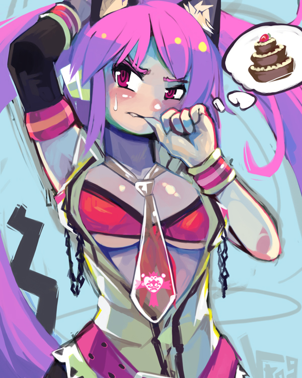 woofycakes, mizushiro celica, mizushiro celica (punk cat), beatmania iidx, bemani, biting finger, 1girl, animal ears, belt, bikini, bikini top only, biting, blush, cake, cat ears, embarrassed, female focus, food, headphones, necktie, pastry, purple eyes, purple hair, shirt, sleeveless, sleeveless shirt, solo, speech bubble, swimsuit, thought bubble, twintails