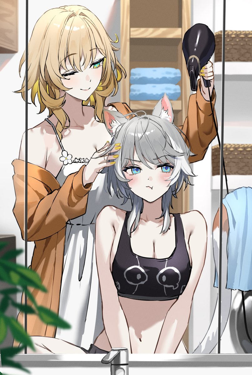 nao (naoooo a), aglaea (honkai: star rail), cipher (honkai: star rail), honkai: star rail, honkai (series), commentary request, hashtag-only commentary, highres, 2girls, alternate costume, animal ear fluff, black tank top, blonde hair, blue eyes, breasts, cat girl, cleavage, dress, flower, green eyes, grey hair, hair dryer, indoors, leaf, light blush, medium breasts, multiple girls, off shoulder, one eye closed, reflection, short hair, tank top, towel, white dress, white streaks, yellow nails