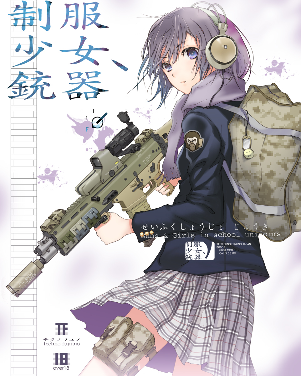 fuyuno haruaki, original, highres, 1girl, assault rifle, backpack, bag, blue eyes, buckle, eotech, female focus, fn scar, gun, headphones, holding, holding gun, holding weapon, jacket, military operator, plaid clothes, plaid skirt, purple hair, randoseru, rifle, scar-l, scarf, school uniform, short hair, skirt, snap-fit buckle, solo, suppressor, trigger discipline, weapon