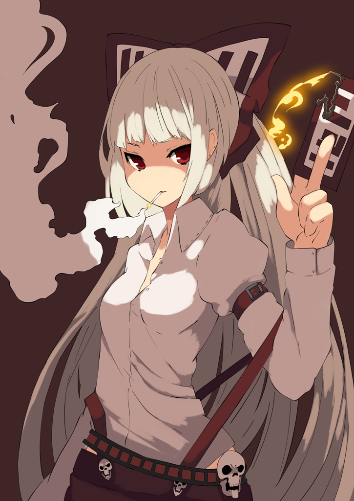 fuurin (omaemona), fujiwara no mokou, touhou, bad id, bad pixiv id, 1girl, cigarette, female focus, simple background, smoking, solo, standing