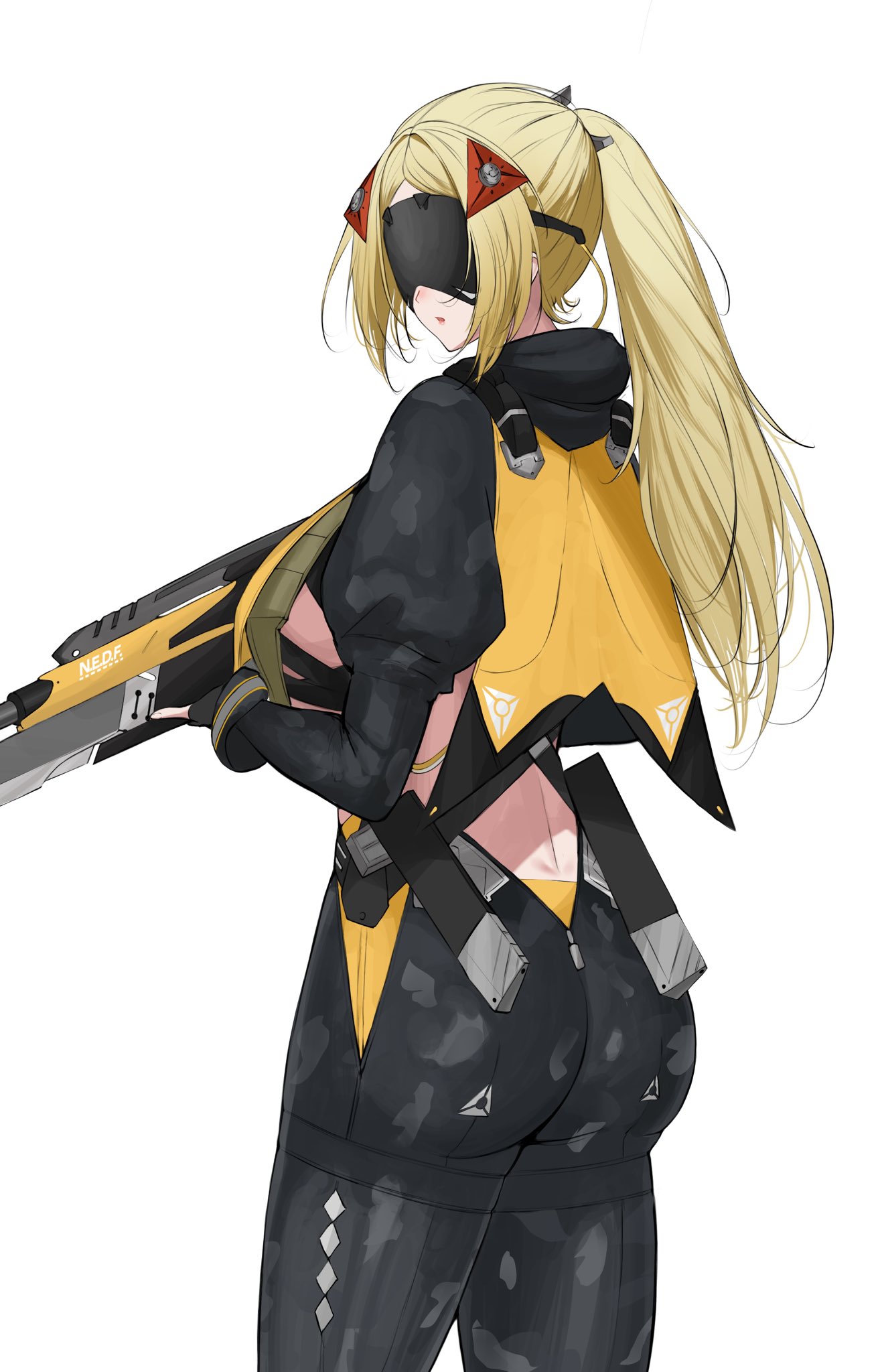 mulhubs, trigger (zenless zone zero), zenless zone zero, commentary, english commentary, highres, 1girl, ass, black gloves, black pants, black shrug, blindfold mask, blonde hair, camouflage, camouflage jacket, camouflage pants, covered eyes, cowboy shot, fingerless gloves, from behind, gloves, gun, gunblade, hair ornament, holding, holding weapon, jacket, latex pants, long hair, looking back, mask, open mouth, pants, ponytail, rifle, shrug (clothing), simple background, sniper rifle, solo, tight clothes, tight pants, triangle hair ornament, weapon, white background, zipper pull tab