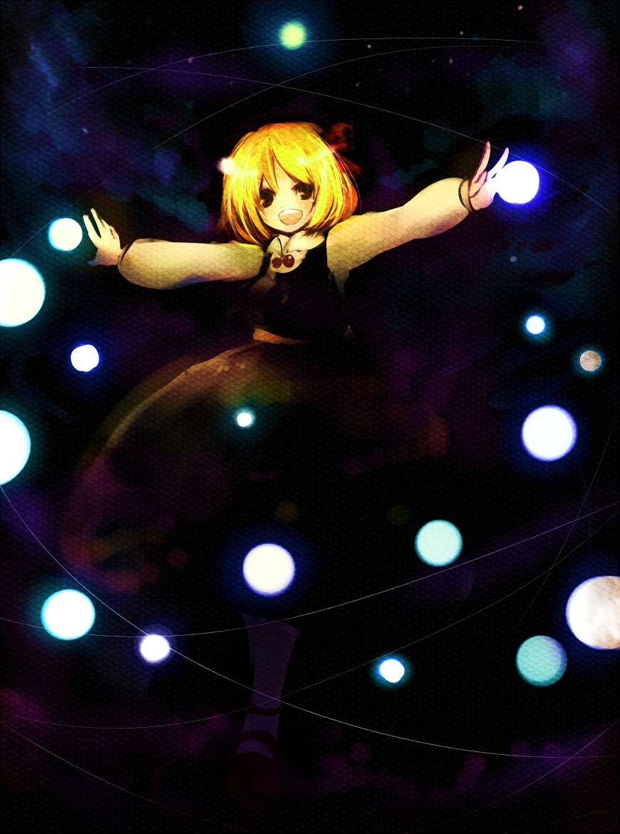 hanada hyou, rumia, embodiment of scarlet devil, touhou, bad id, bad pixiv id, 1girl, blonde hair, danmaku, female focus, hair ribbon, outstretched arms, red eyes, ribbon, short hair, solo, spread arms