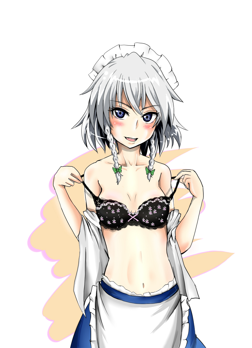 wakie, izayoi sakuya, touhou, silver hair, bad id, bad pixiv id, highres, 1girl, bare shoulders, blue eyes, blush, bra, female focus, hairband, lingerie, short hair, solo, underwear, undressing
