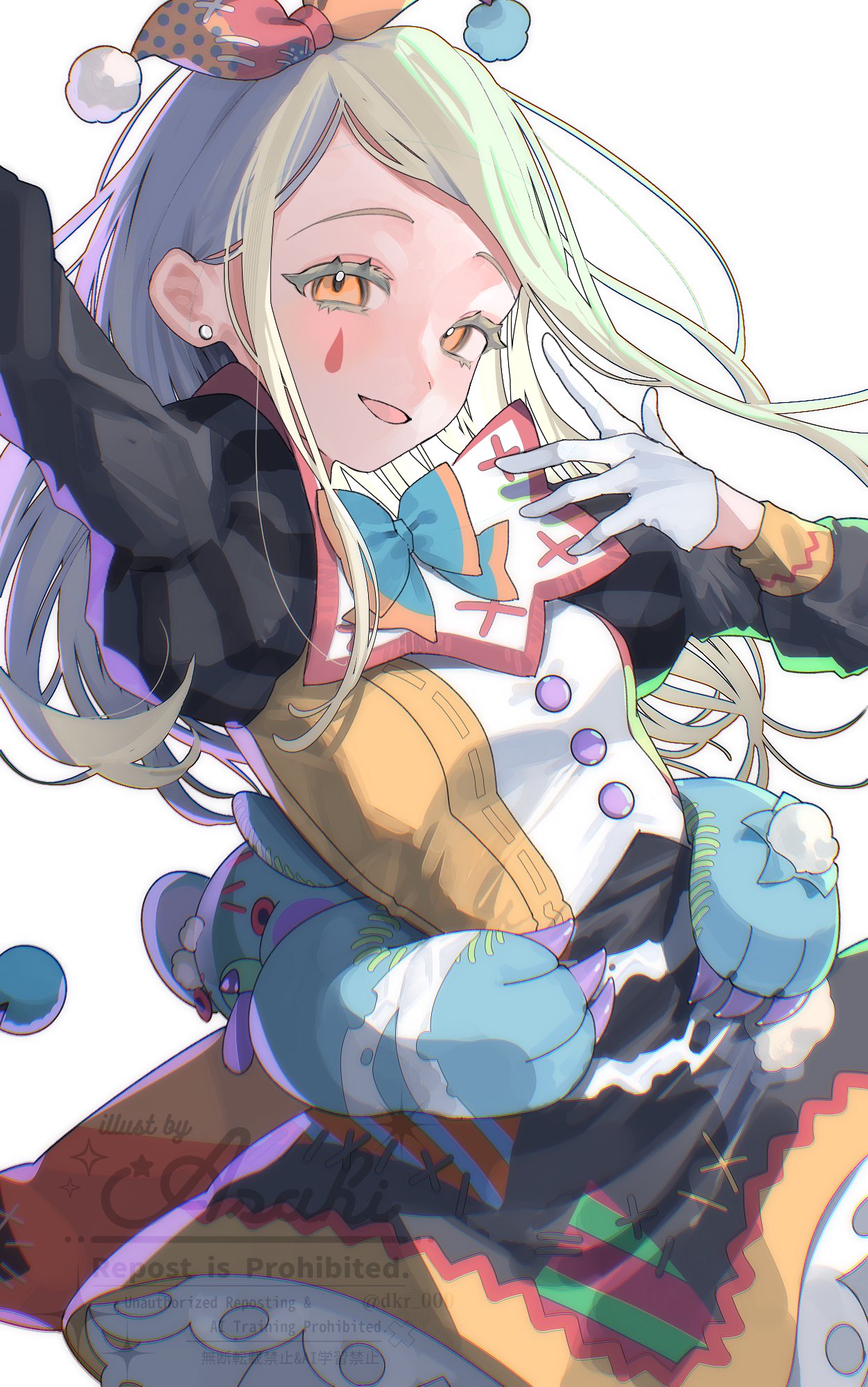 shine asahi, shinosawa hiro, gakuen idolmaster, idolmaster, commentary request, highres, 1girl, blonde hair, blush, breasts, dress, earrings, gloves, hat, jester, jester cap, jewelry, long hair, looking at viewer, orange eyes, small breasts, smile, solo, stud earrings, teardrop facial mark