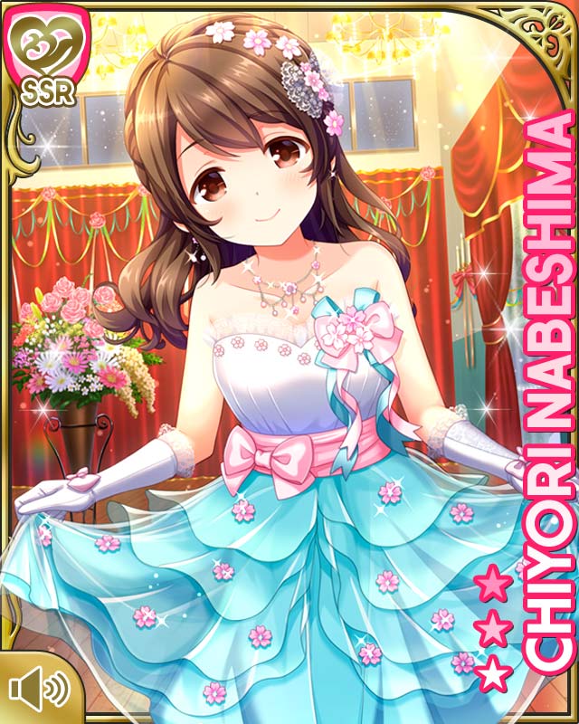 qp:flapper, nabeshima chiyori, girlfriend (kari), official art, 1girl, alternate hairstyle, bare shoulders, blue skirt, bow, breasts, brown eyes, brown hair, card (medium), character name, dress, elbow gloves, flower ornament, frilled dress, frills, gloves, hair down, jewelry, looking at viewer, multicolored dress, necklace, pink bow, skirt, skirt hold, sleeveless, smile, solo, standing, straight-on, white gloves