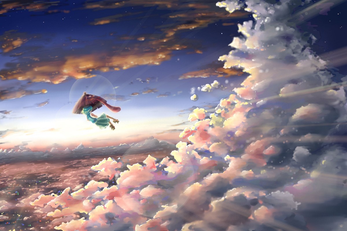 chiro (pixiv), chiro (suzuka98), tatara kogasa, touhou, 1girl, above clouds, aqua skirt, blue hair, blue shirt, cloud, cloudy sky, female focus, floating, flying, karakasa obake, shirt, short hair, skirt, sky, solo, tongue, umbrella
