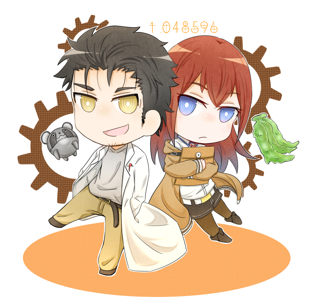 makise kurisu, okabe rintarou, upa (steins;gate), science adventure, steins;gate, commentary request, 1boy, 1girl, beard stubble, black hair, brown hair, brown pantyhose, chibi, facial hair, full body, gears, kurin skybell, lab coat, long hair, necktie, open mouth, pants, pantyhose, short hair, smile, stubble, yellow eyes