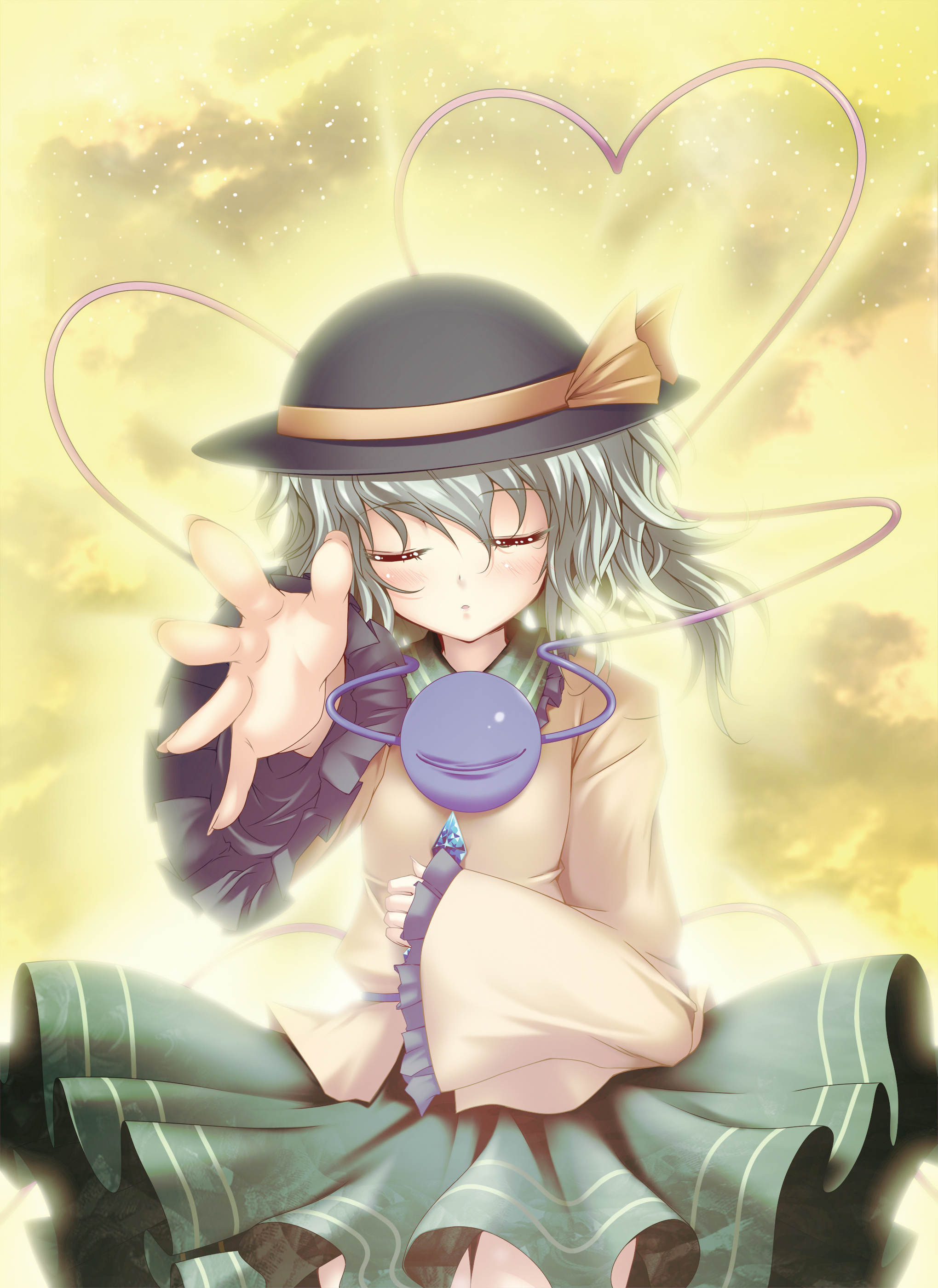 makot, ougi makoto, komeiji koishi, touhou, silver hair, absurdres, highres, 1girl, closed eyes, female focus, hat, short hair, solo
