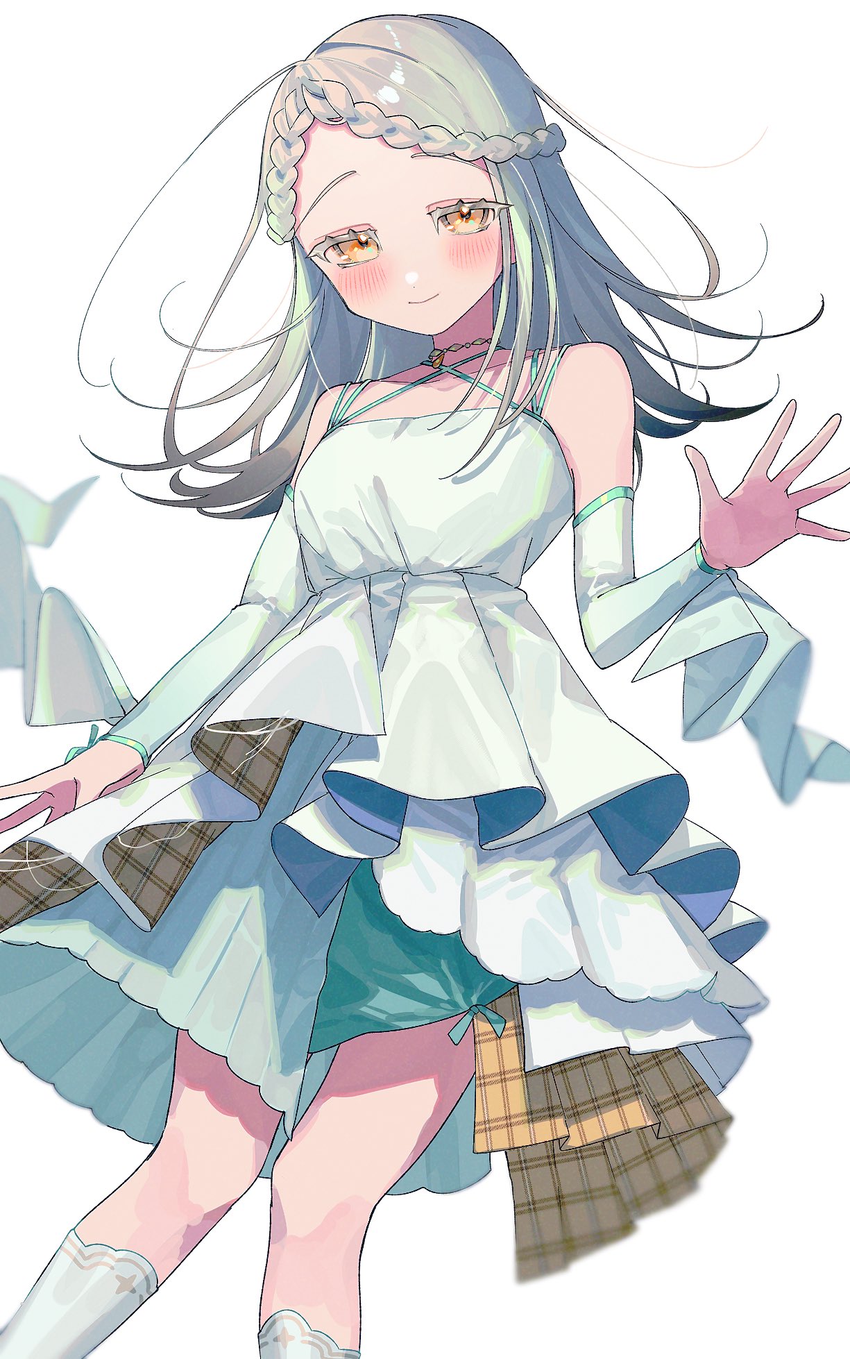 shine asahi, shinosawa hiro, gakuen idolmaster, idolmaster, commentary request, highres, 1girl, bare shoulders, blush, braid, braided bangs, dress, grey hair, koukei (idolmaster), long hair, looking at viewer, orange eyes, smile, solo