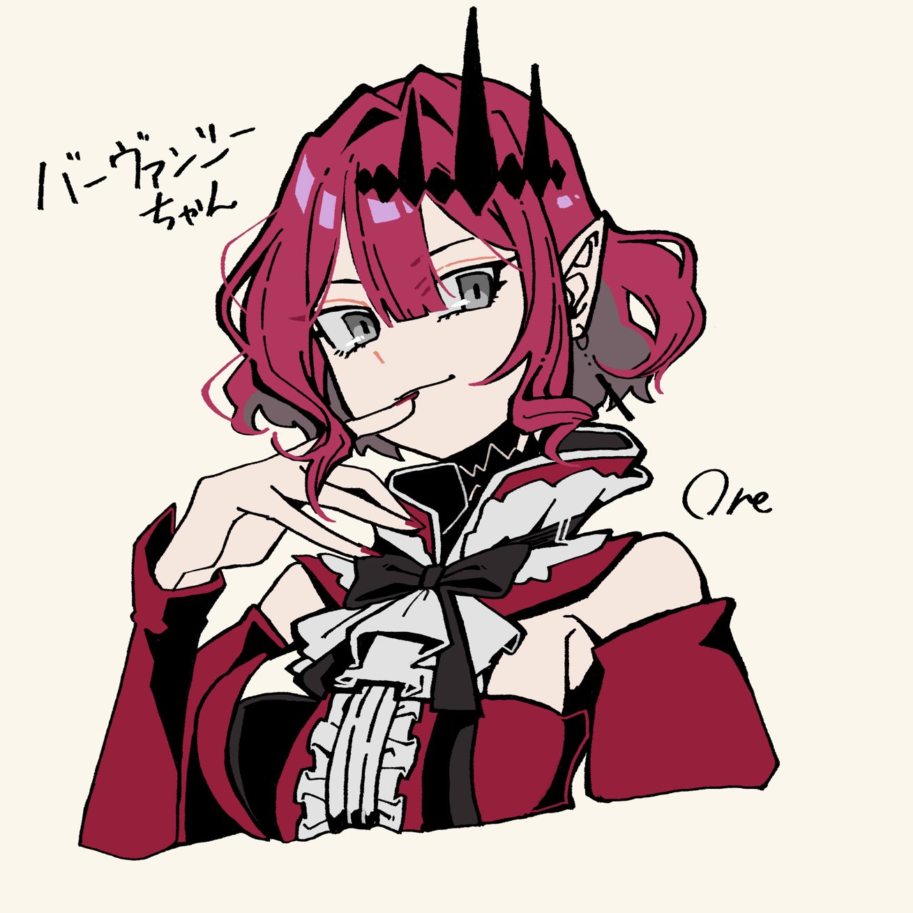 goma1021, baobhan sith (fate), baobhan sith (second ascension) (fate), fate/grand order, fate (series), commentary request, highres, 1girl, alternate hairstyle, bare shoulders, curly hair, earrings, grey eyes, jewelry, looking at viewer, pink hair, pointy ears, short hair, sidelocks, smile, solo, tiara