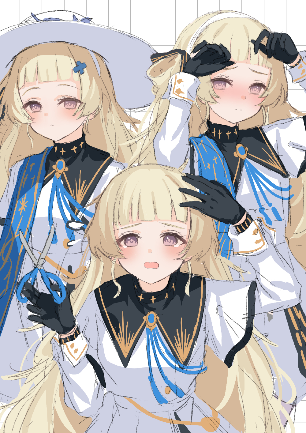 kuramoto beta-carotene, phoebe (wuthering waves), wuthering waves, commentary request, highres, 1girl, black collar, black gloves, blonde hair, blue sash, blush, closed mouth, collar, flying sweatdrops, gloves, grid background, hair ornament, hairband, hand up, hat, long hair, long sleeves, looking at viewer, purple eyes, sash, shirt, skirt, tearing up, white background, white hairband, white hat, white shirt, white skirt, x hair ornament