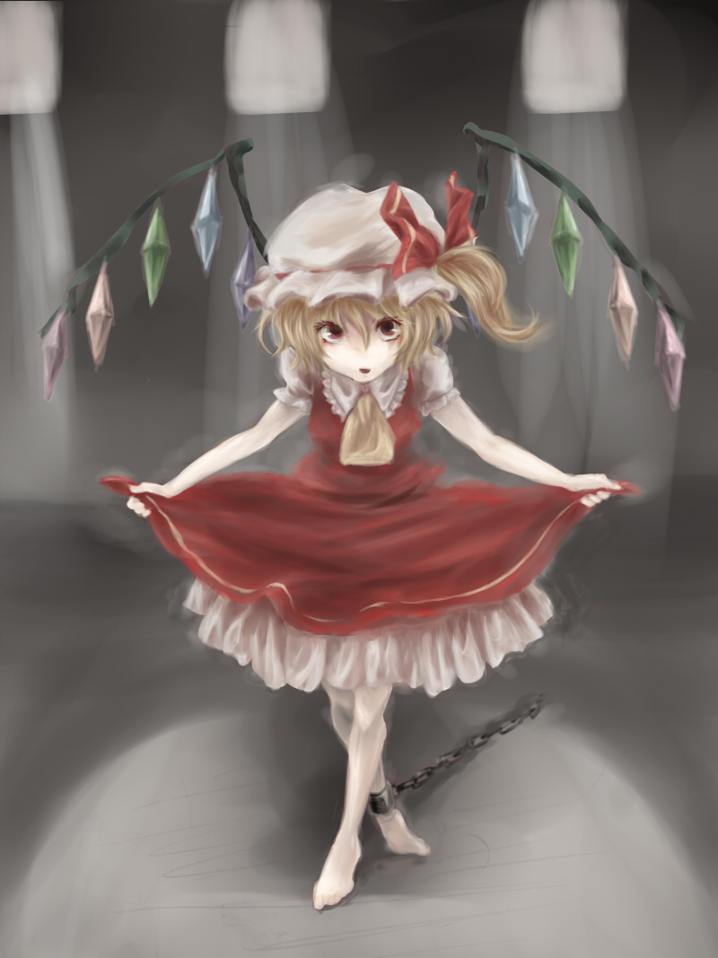 sun (rose2002), flandre scarlet, touhou, bad id, bad pixiv id, 1girl, barefoot, chain, crossed legs, cuffs, curtsey, female focus, hat, mob cap, shackles, skirt hold, solo, watson cross, white hat