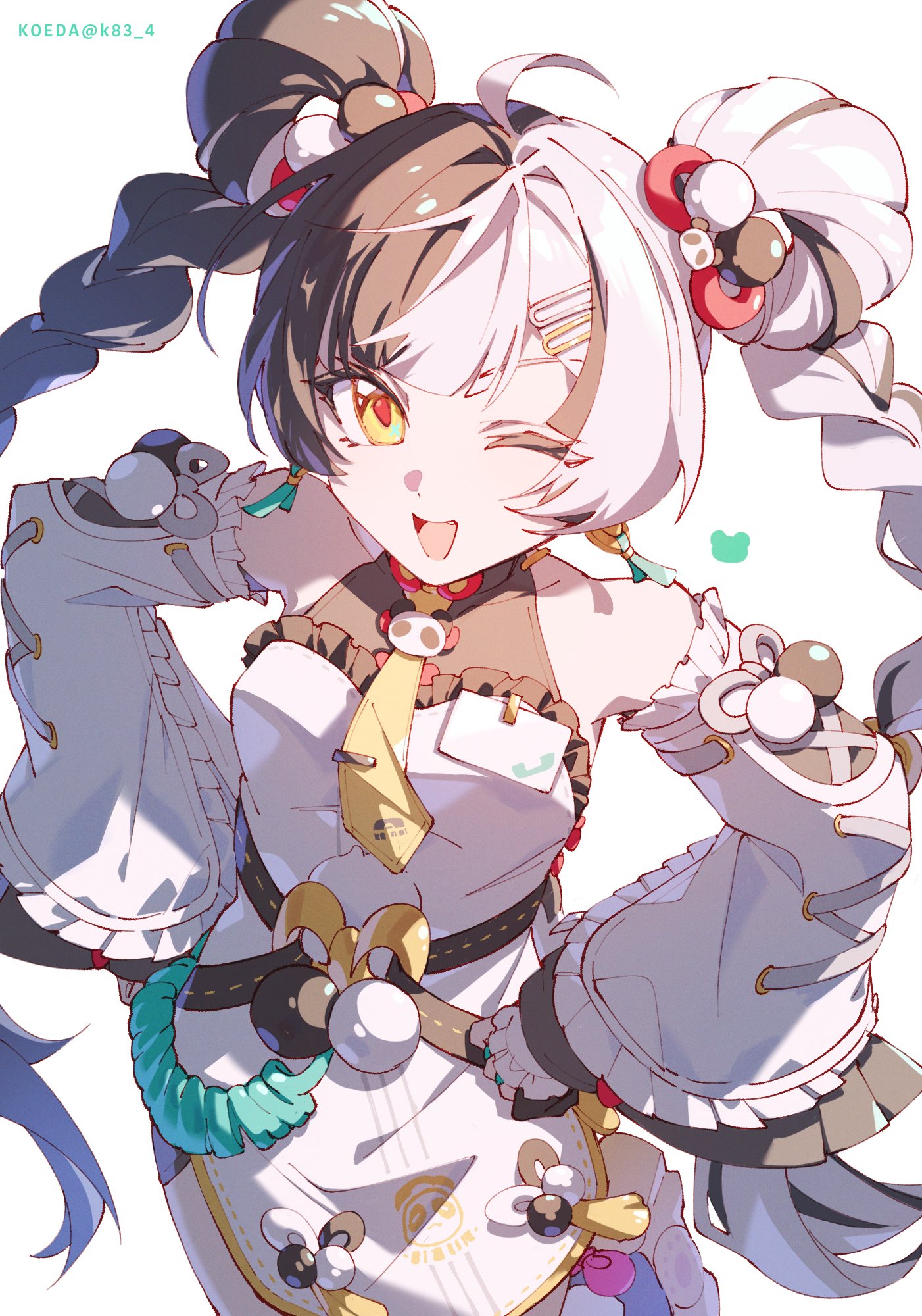 koeda (k83 4), dialyn (zenless zone zero), zenless zone zero, commentary request, highres, 1girl, ahoge, animal print, bare shoulders, bear print, black hair, braid, braided twintails, china dress, chinese clothes, detached sleeves, double bun, dress, earrings, hair bun, hair extensions, hair intakes, hair ornament, hairclip, hands on own hips, id card, jewelry, long hair, looking at viewer, multicolored hair, necktie, one eye closed, open mouth, panda hair ornament, panda print, pelvic curtain, ring hair extensions, simple background, solo, split-color hair, white background, white dress, white hair, wire, yellow eyes, yellow necktie