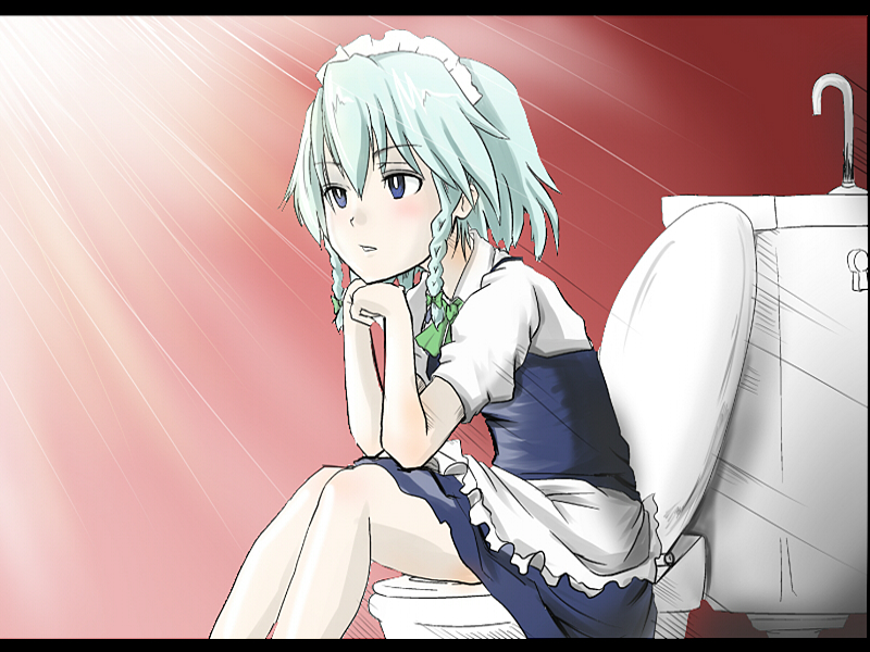 wakie, izayoi sakuya, touhou, silver hair, 1girl, aqua hair, blue eyes, elbows on knees, female focus, head rest, leaning forward, maid, maid headdress, parted lips, short hair, sitting, solo, toilet, toilet use