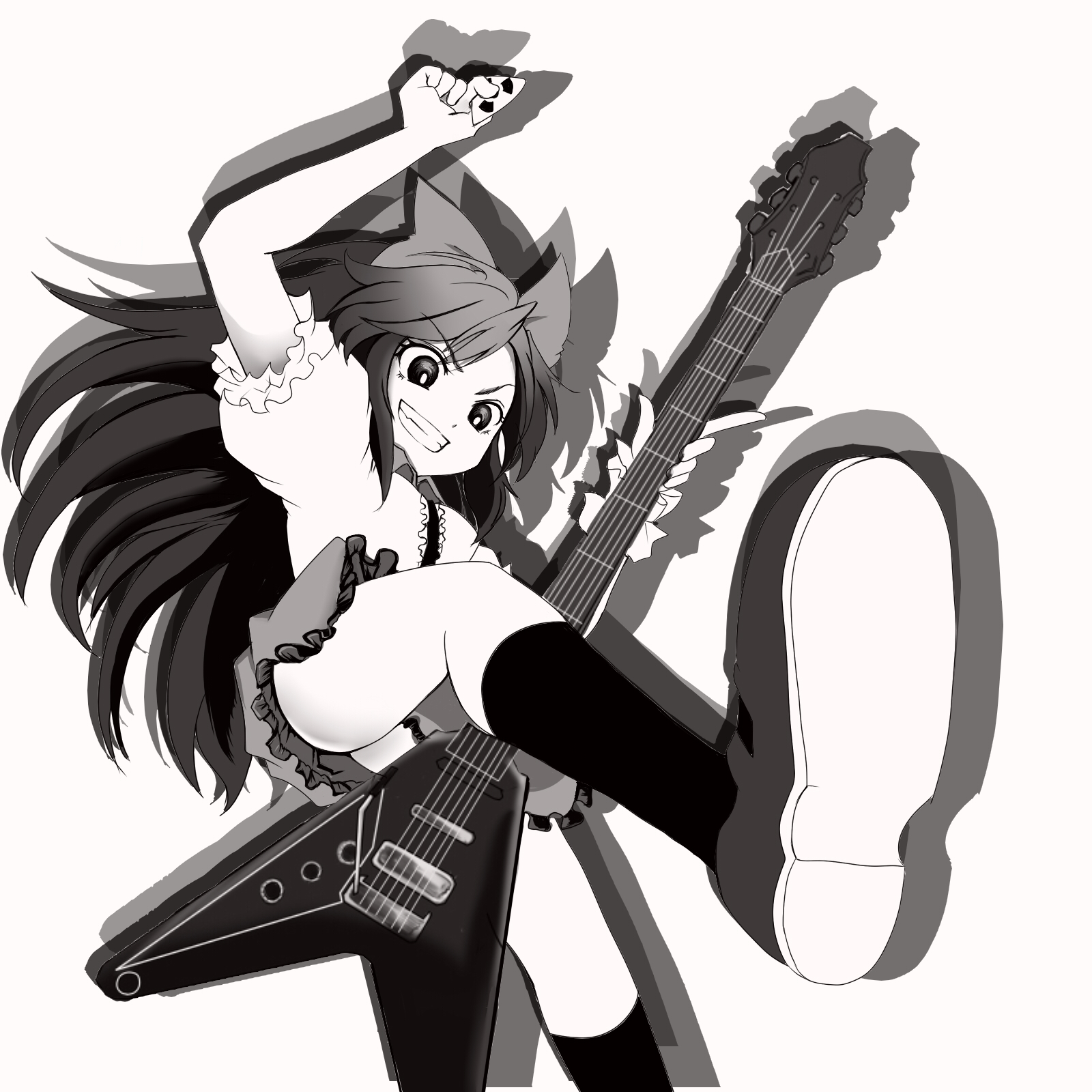 wakie, reiuji utsuho, touhou, highres, 1girl, ass, black hair, female focus, gibson flying v, greyscale, grin, guitar, instrument, long hair, monochrome, ribbon, skirt, smile, solo, white background