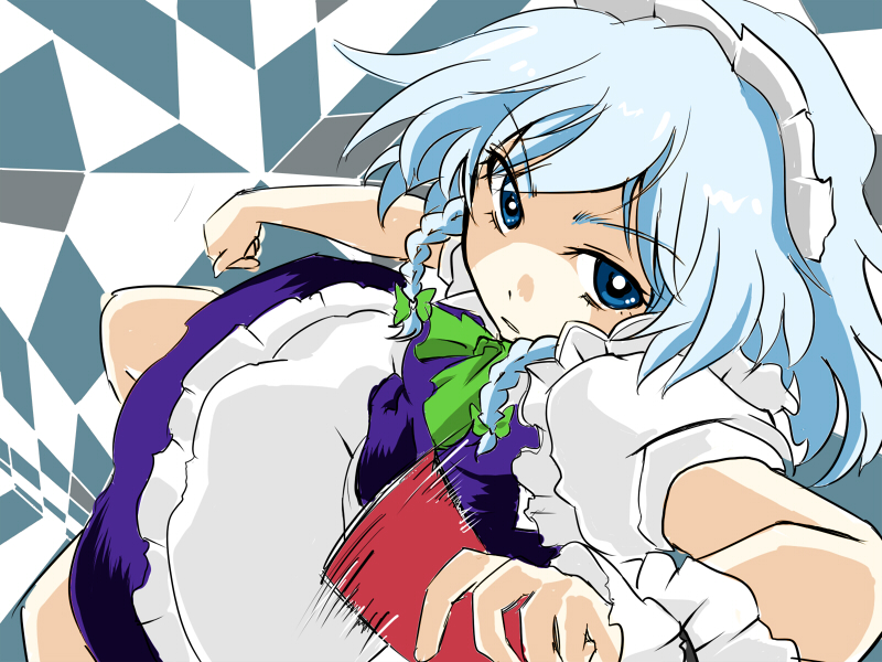 wakie, izayoi sakuya, touhou, silver hair, 1girl, blue eyes, braid, female focus, hairband, maid, ribbon, short hair, solo, twin braids