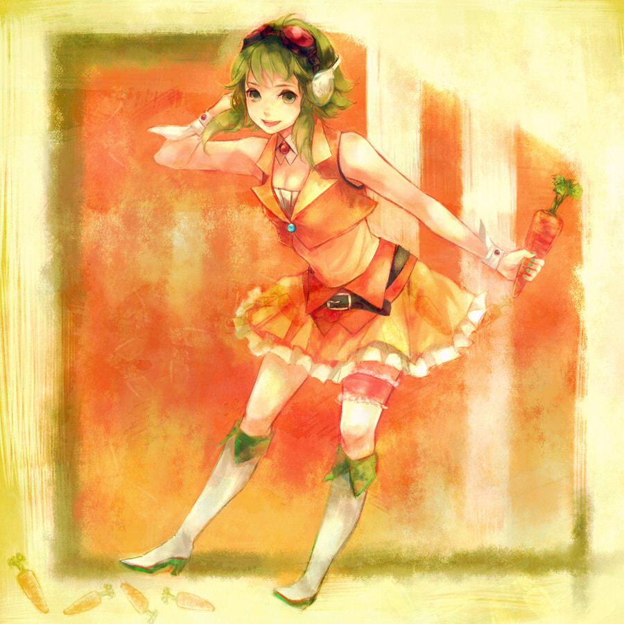 xxnicol, gumi, vocaloid, 1girl, belt, boots, carrot, female focus, goggles, green eyes, green hair, green nails, headphones, headset, matching hair/eyes, midriff, nail polish, short hair, skirt, smile, solo, wrist cuffs
